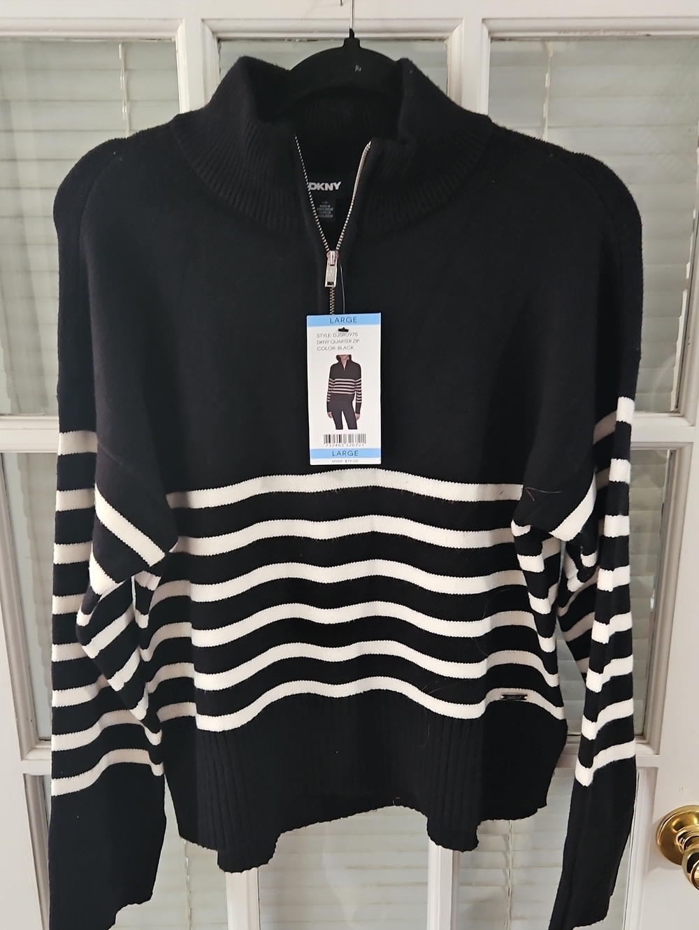 NWT DKNY Black and White Striped Half-Zip Knit Pullover.  Size Large